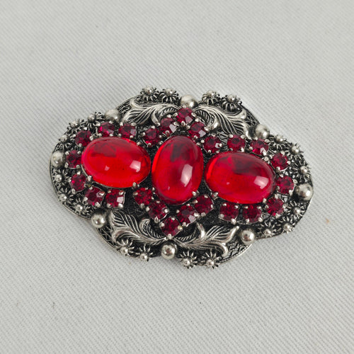 Vintage Jay Kel Sterling Silver Red Rhinestone Parure Necklace Earrings Brooch Set