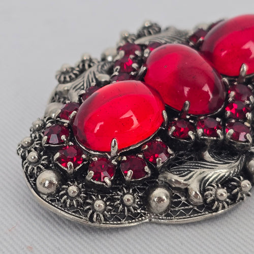 Vintage Jay Kel Sterling Silver Red Rhinestone Parure Necklace Earrings Brooch Set