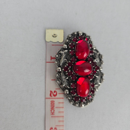 Vintage Jay Kel Sterling Silver Red Rhinestone Parure Necklace Earrings Brooch Set