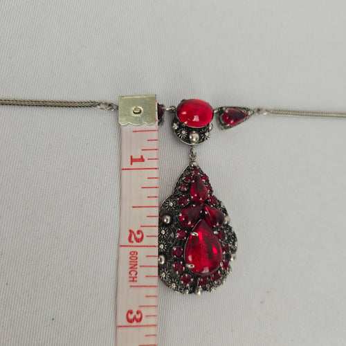 Vintage Jay Kel Sterling Silver Red Rhinestone Parure Necklace Earrings Brooch Set