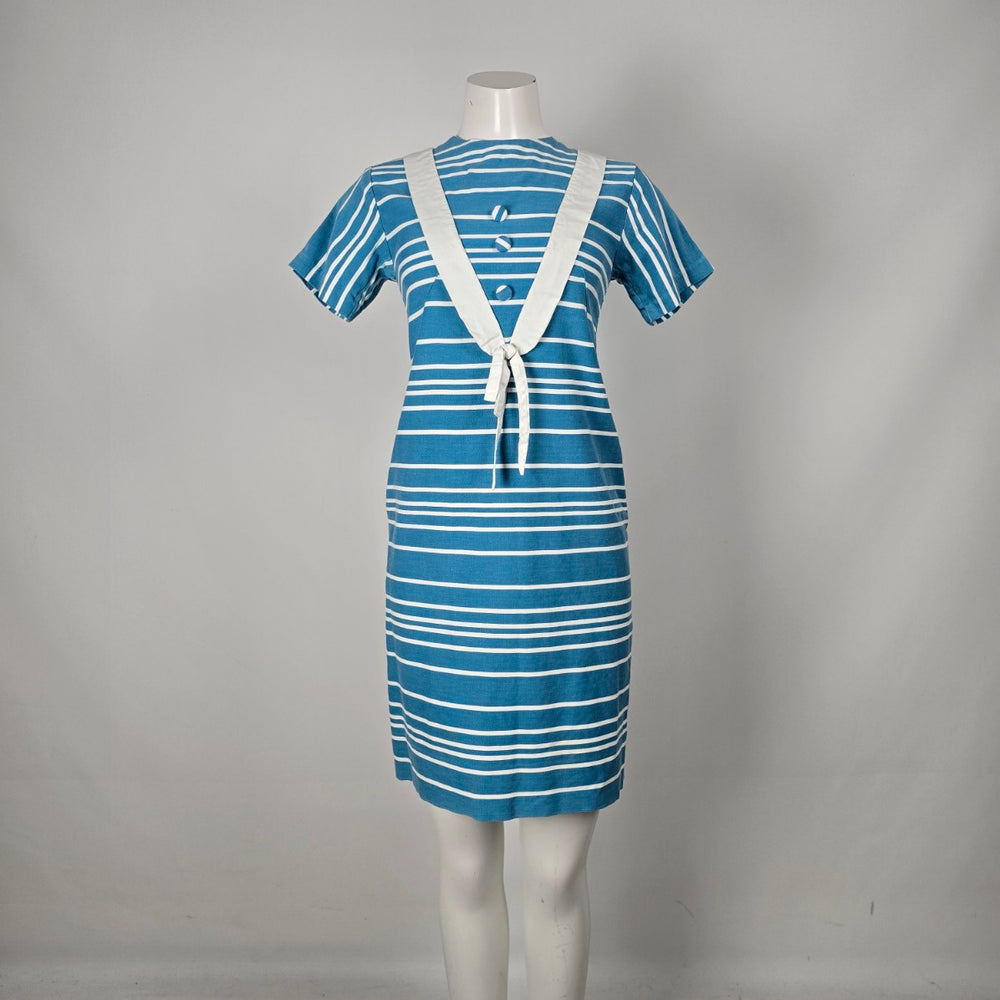 Vintage Blue & White Striped Sailor Nautical Tie-Front Midi Dress Size S