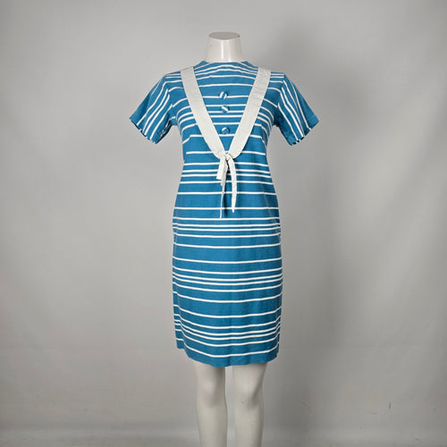 Vintage Blue & White Striped Sailor Nautical Tie-Front Midi Dress Size S
