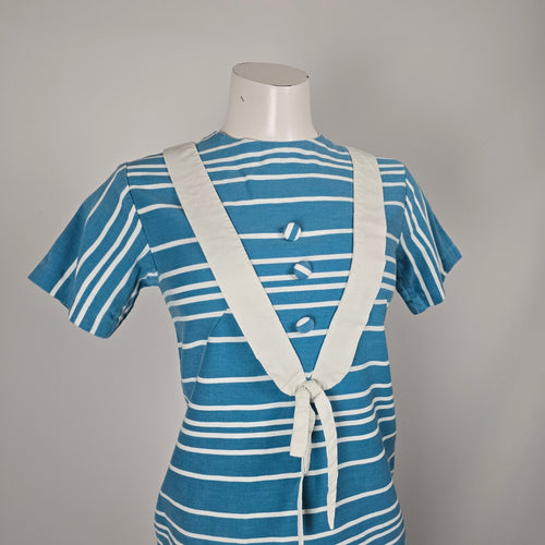 Vintage Blue & White Striped Sailor Nautical Tie-Front Midi Dress Size S