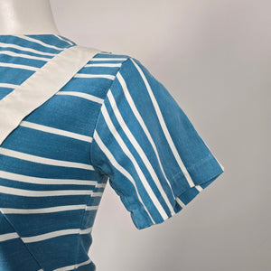 Vintage Blue & White Striped Sailor Nautical Tie-Front Midi Dress Size S