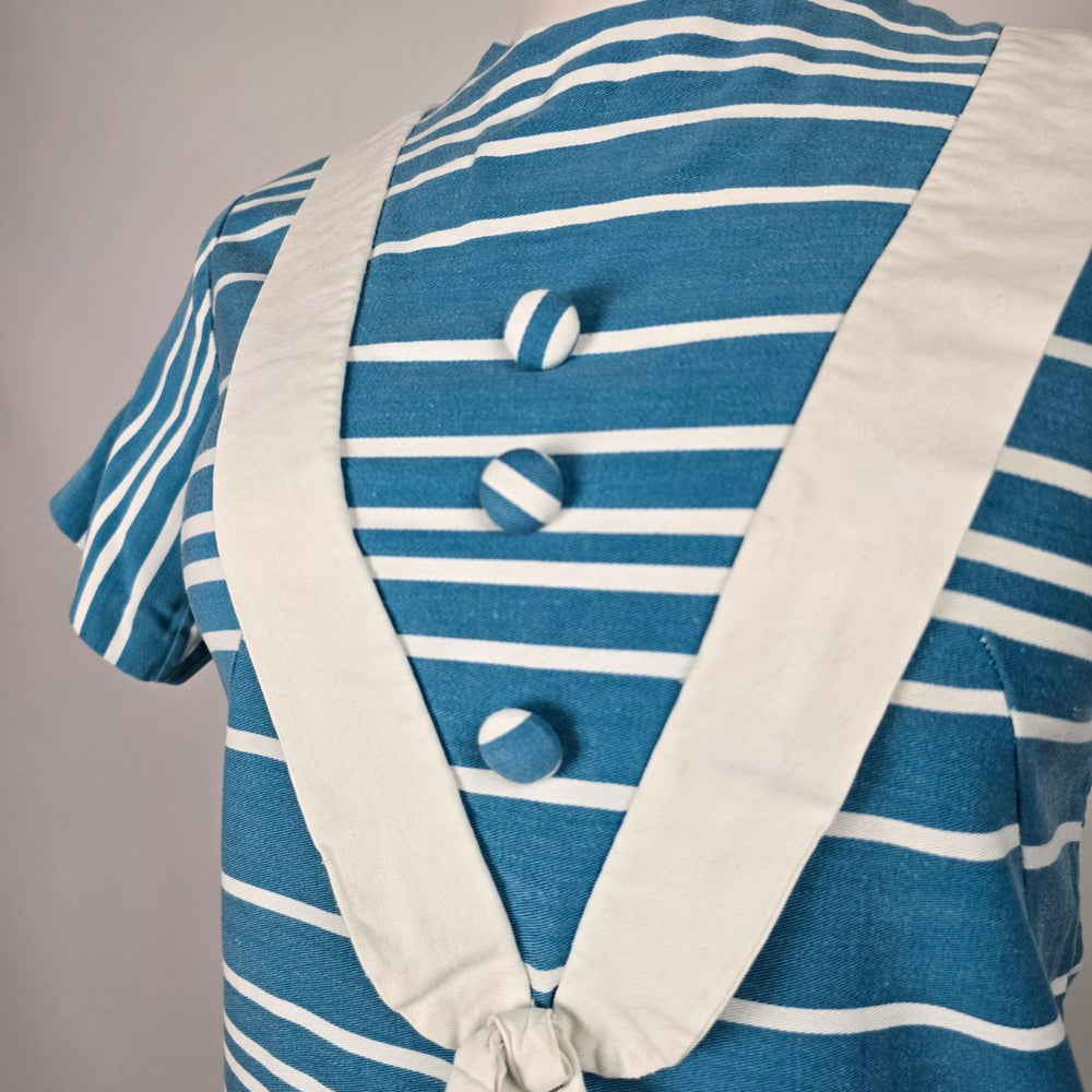 Vintage Blue & White Striped Sailor Nautical Tie-Front Midi Dress Size S