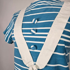 Vintage Blue & White Striped Sailor Nautical Tie-Front Midi Dress Size S