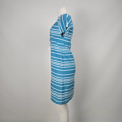 Vintage Blue & White Striped Sailor Nautical Tie-Front Midi Dress Size S