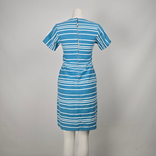 Vintage Blue & White Striped Sailor Nautical Tie-Front Midi Dress Size S