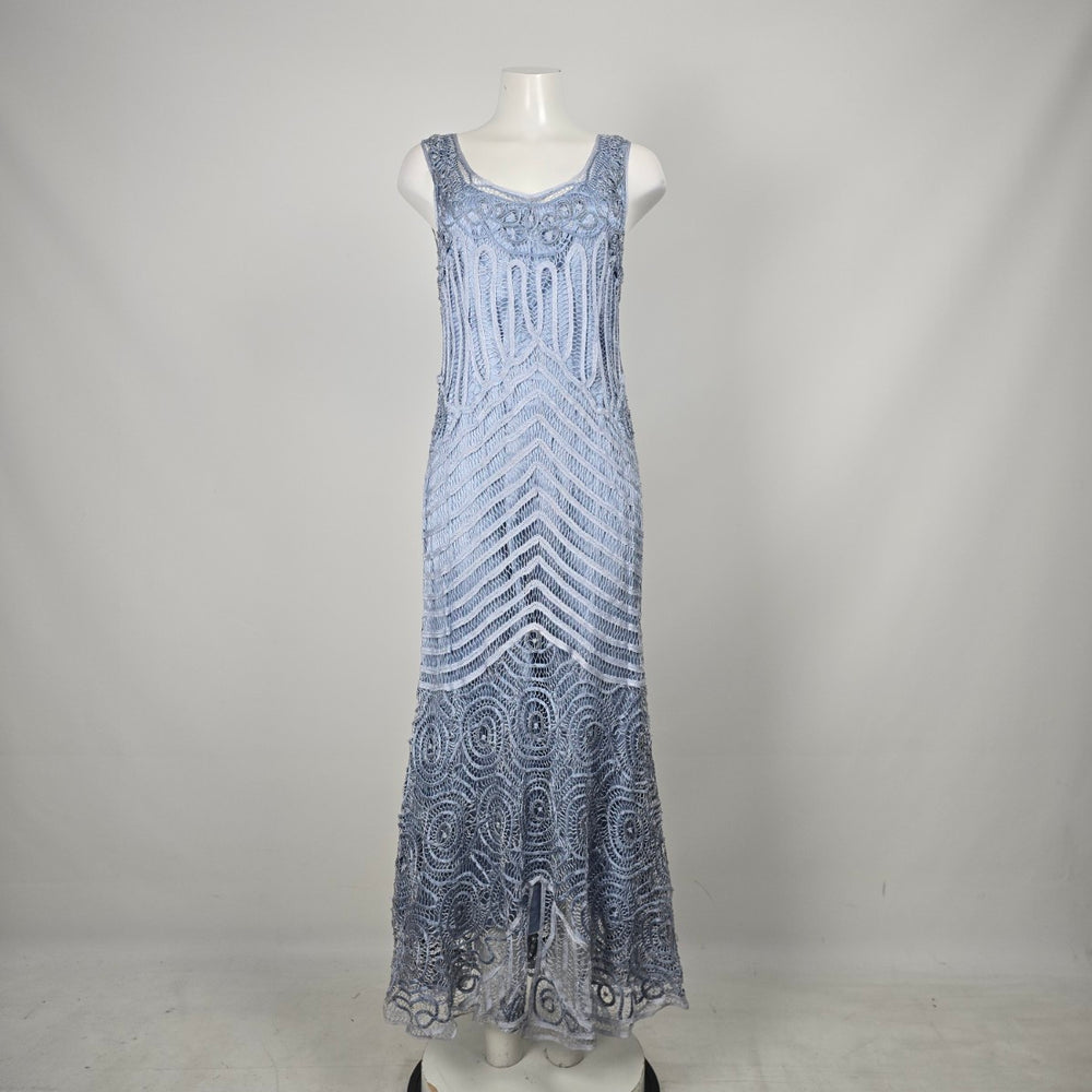 Vintage Soulmates Blue Ombré Beaded Lace Silk Blend Maxi Dress Size L