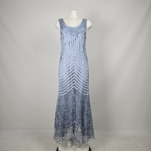 Vintage Soulmates Blue Ombré Beaded Lace Silk Blend Maxi Dress Size L