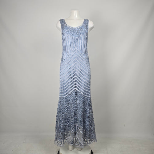Vintage Soulmates Blue Ombré Beaded Lace Silk Blend Maxi Dress Size L