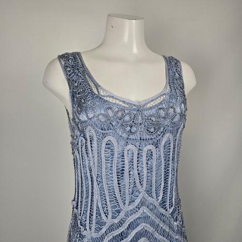 Vintage Soulmates Blue Ombré Beaded Lace Silk Blend Maxi Dress Size L