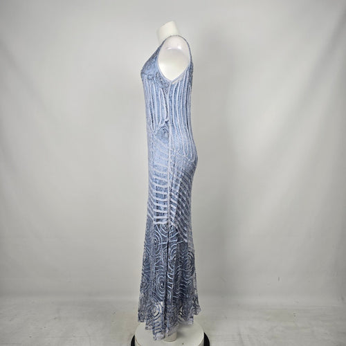 Vintage Soulmates Blue Ombré Beaded Lace Silk Blend Maxi Dress Size L