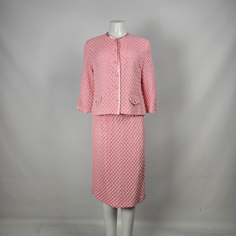 Vintage Henry Allen Montreal Pink Crochet Knit 2-Piece Skirt Suit Set Size M