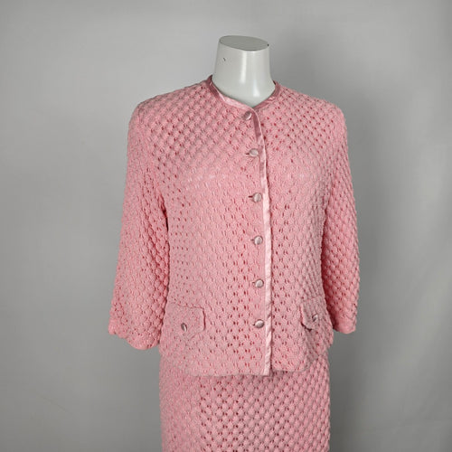 Vintage Henry Allen Montreal Pink Crochet Knit 2-Piece Skirt Suit Set Size M