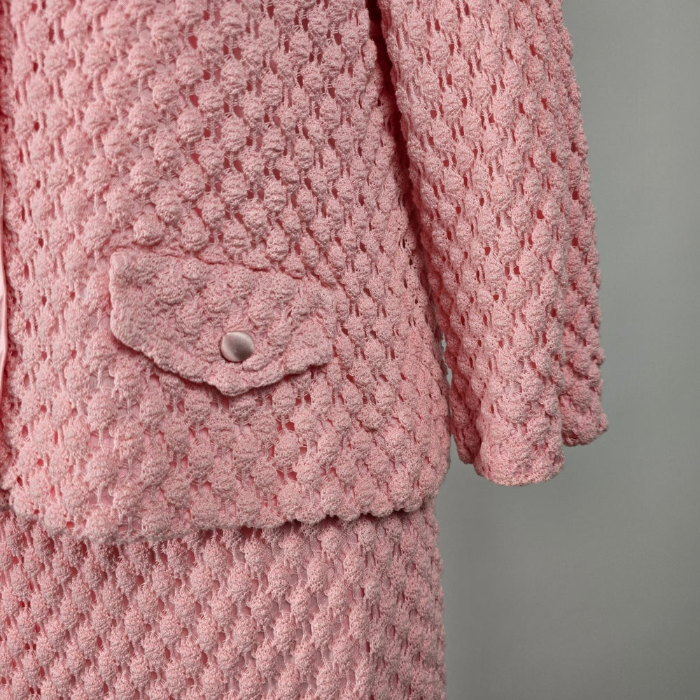 Vintage Henry Allen Montreal Pink Crochet Knit 2-Piece Skirt Suit Set Size M