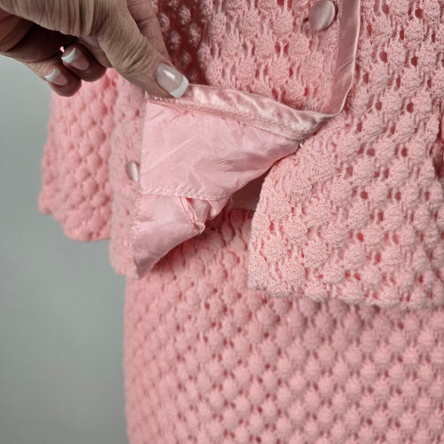 Vintage Henry Allen Montreal Pink Crochet Knit 2-Piece Skirt Suit Set Size M