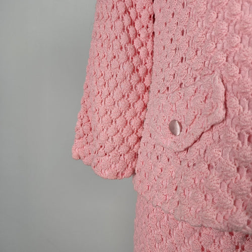Vintage Henry Allen Montreal Pink Crochet Knit 2-Piece Skirt Suit Set Size M