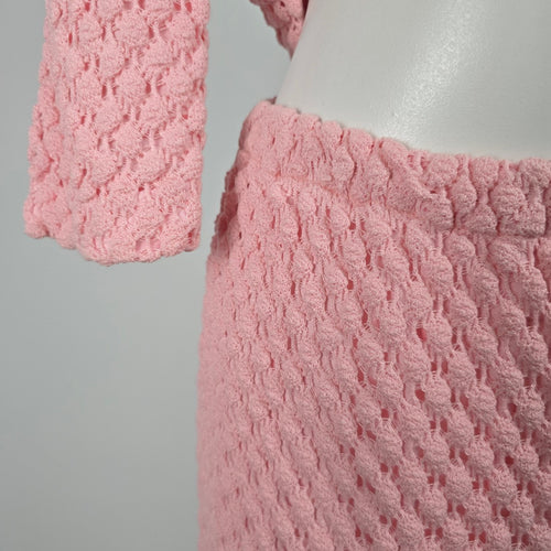 Vintage Henry Allen Montreal Pink Crochet Knit 2-Piece Skirt Suit Set Size M