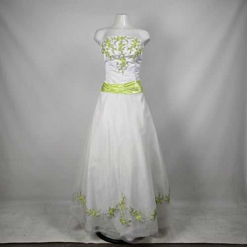 Vintage Studio 17 White & Lime Green Strapless Embroidered Grad Formal Gown Size 16