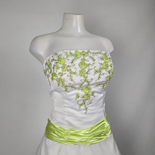 Vintage Studio 17 White & Lime Green Strapless Embroidered Grad Formal Gown Size 16