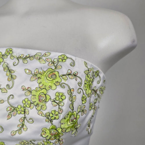 Vintage Studio 17 White & Lime Green Strapless Embroidered Grad Formal Gown Size 16