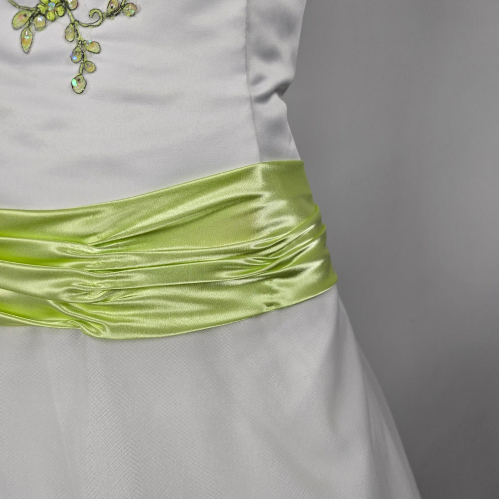 Vintage Studio 17 White & Lime Green Strapless Embroidered Grad Formal Gown Size 16