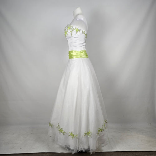 Vintage Studio 17 White & Lime Green Strapless Embroidered Grad Formal Gown Size 16