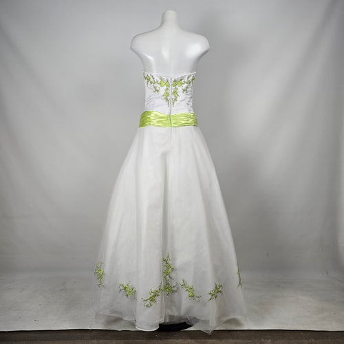 Vintage Studio 17 White & Lime Green Strapless Embroidered Grad Formal Gown Size 16