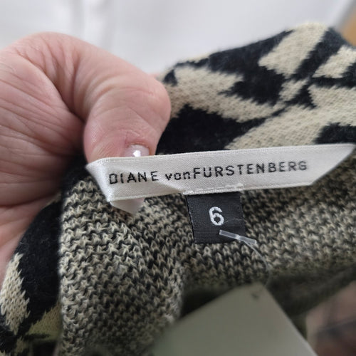Diane von Furstenberg Black & Cream Geometric Wool Blend Knit Dress - Size 6