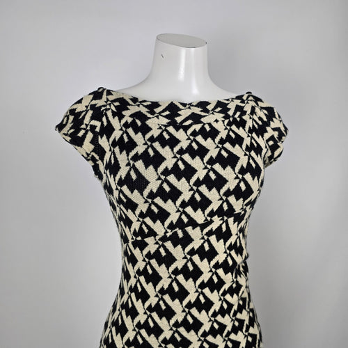 Diane von Furstenberg Black & Cream Geometric Wool Blend Knit Dress - Size 6