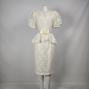 Vintage Cream Ivory Floral Lace Peplum Top & Pencil Skirt 2-Piece Set Size XS-S
