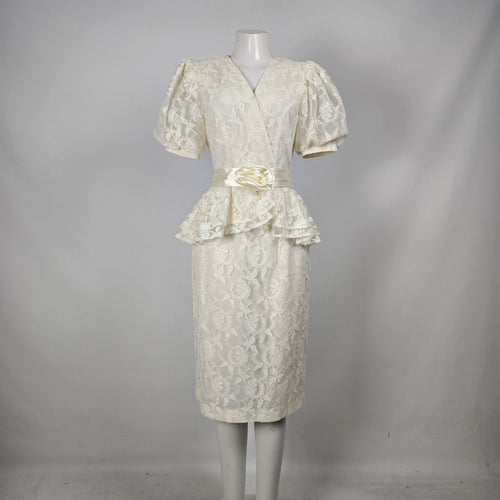 Vintage Cream Ivory Floral Lace Peplum Top & Pencil Skirt 2-Piece Set Size XS-S