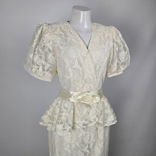 Vintage Cream Ivory Floral Lace Peplum Top & Pencil Skirt 2-Piece Set Size XS-S