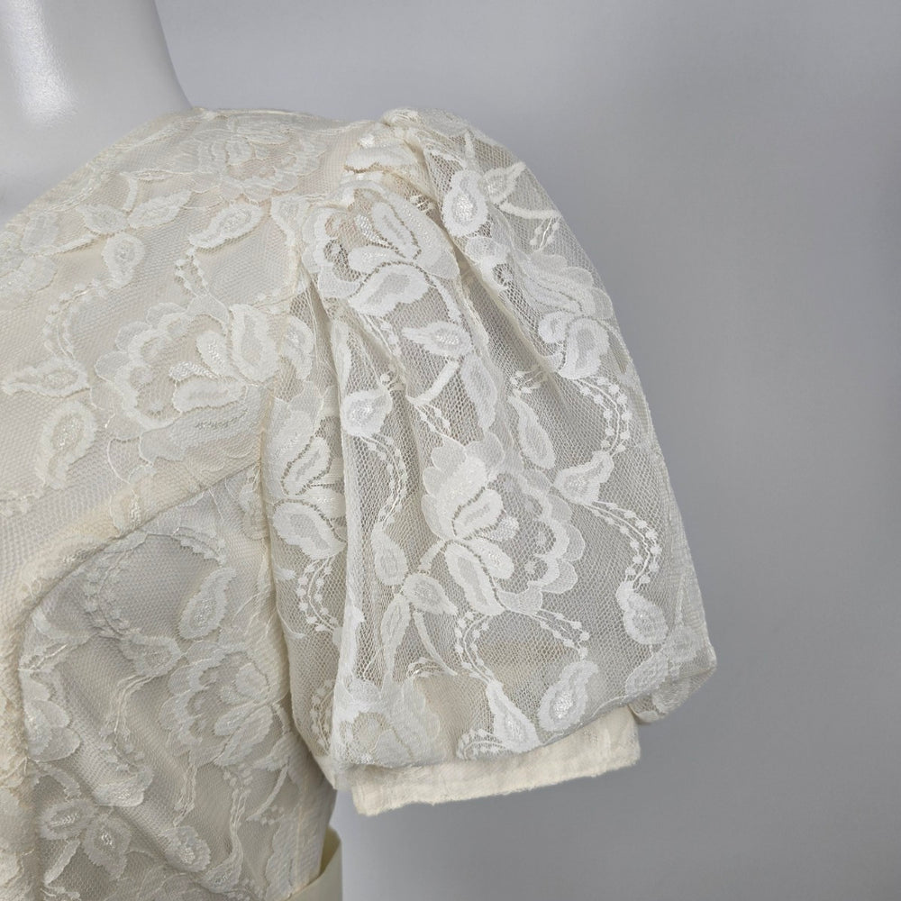 Vintage Cream Ivory Floral Lace Peplum Top & Pencil Skirt 2-Piece Set Size XS-S