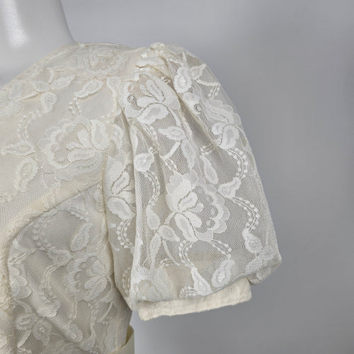 Vintage Cream Ivory Floral Lace Peplum Top & Pencil Skirt 2-Piece Set Size XS-S