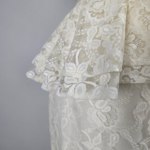 Vintage Cream Ivory Floral Lace Peplum Top & Pencil Skirt 2-Piece Set Size XS-S