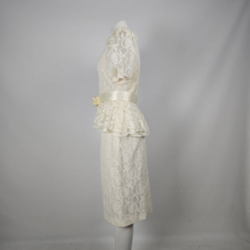 Vintage Cream Ivory Floral Lace Peplum Top & Pencil Skirt 2-Piece Set Size XS-S