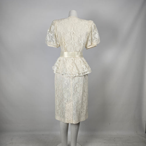 Vintage Cream Ivory Floral Lace Peplum Top & Pencil Skirt 2-Piece Set Size XS-S