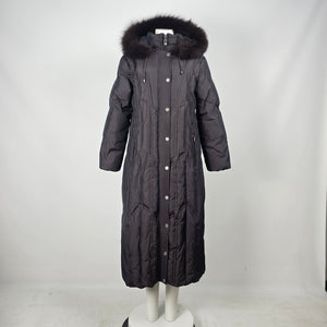 Saga Furs Black Full Length 70% Down Coat with Genuine Fox Fur Hood Size M
