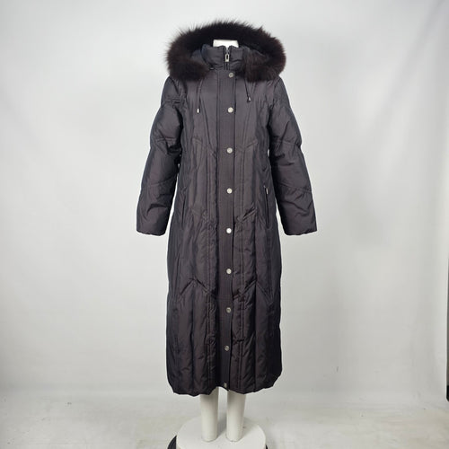 Saga Furs Black Full Length 70% Down Coat with Genuine Fox Fur Hood Size M