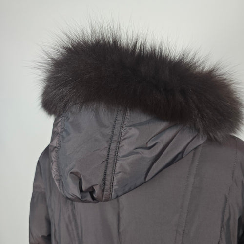 Saga Furs Black Full Length 70% Down Coat with Genuine Fox Fur Hood Size M