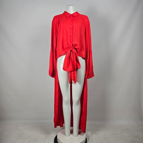 VENUS Red Rayon Button Front Tie Waist High-Low Blouse Top Size 24