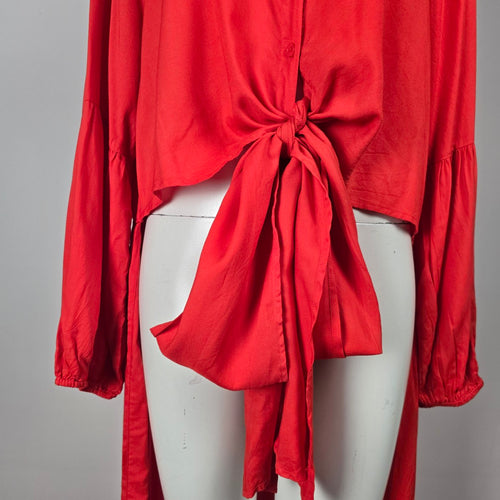 VENUS Red Rayon Button Front Tie Waist High-Low Blouse Top Size 24