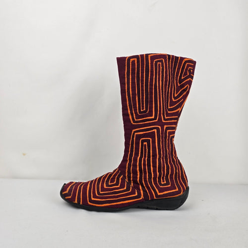 Burgundy & Orange Embroidered Textile Side Zip Boots -Size 8.5