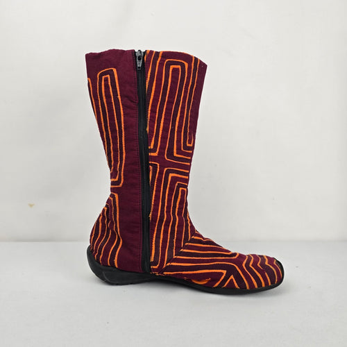 Burgundy & Orange Embroidered Textile Side Zip Boots -Size 8.5