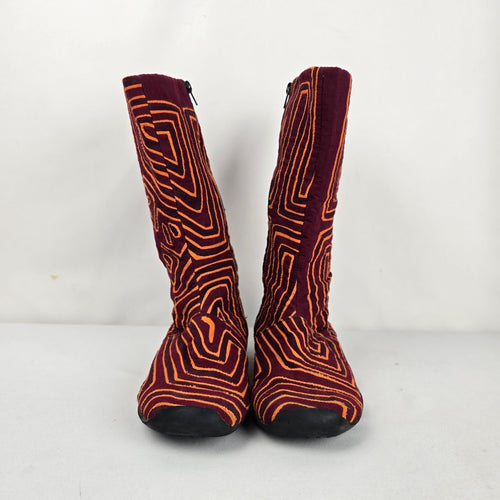 Burgundy & Orange Embroidered Textile Side Zip Boots -Size 8.5