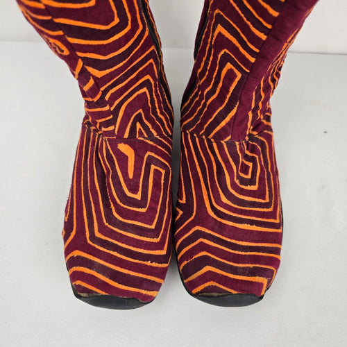 Burgundy & Orange Embroidered Textile Side Zip Boots -Size 8.5