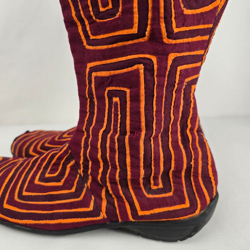Burgundy & Orange Embroidered Textile Side Zip Boots -Size 8.5
