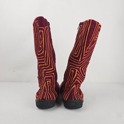 Burgundy & Orange Embroidered Textile Side Zip Boots -Size 8.5